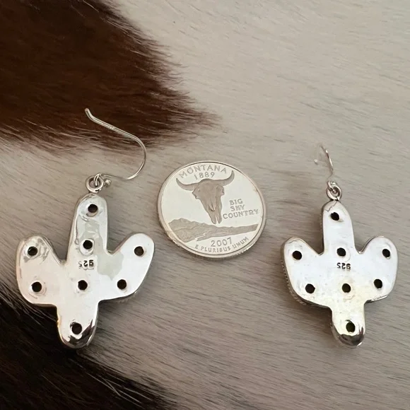 ❤️ Honey Dahlia Kingman Turquoise Navajo Style Cactus Dangle Earrings 1.88”L - Picture 9 of 13